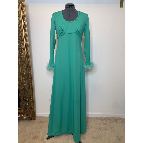 Dresses & Skirts - vintage 1960s 70s maxi dress emerald green long sleeve feather cuffs